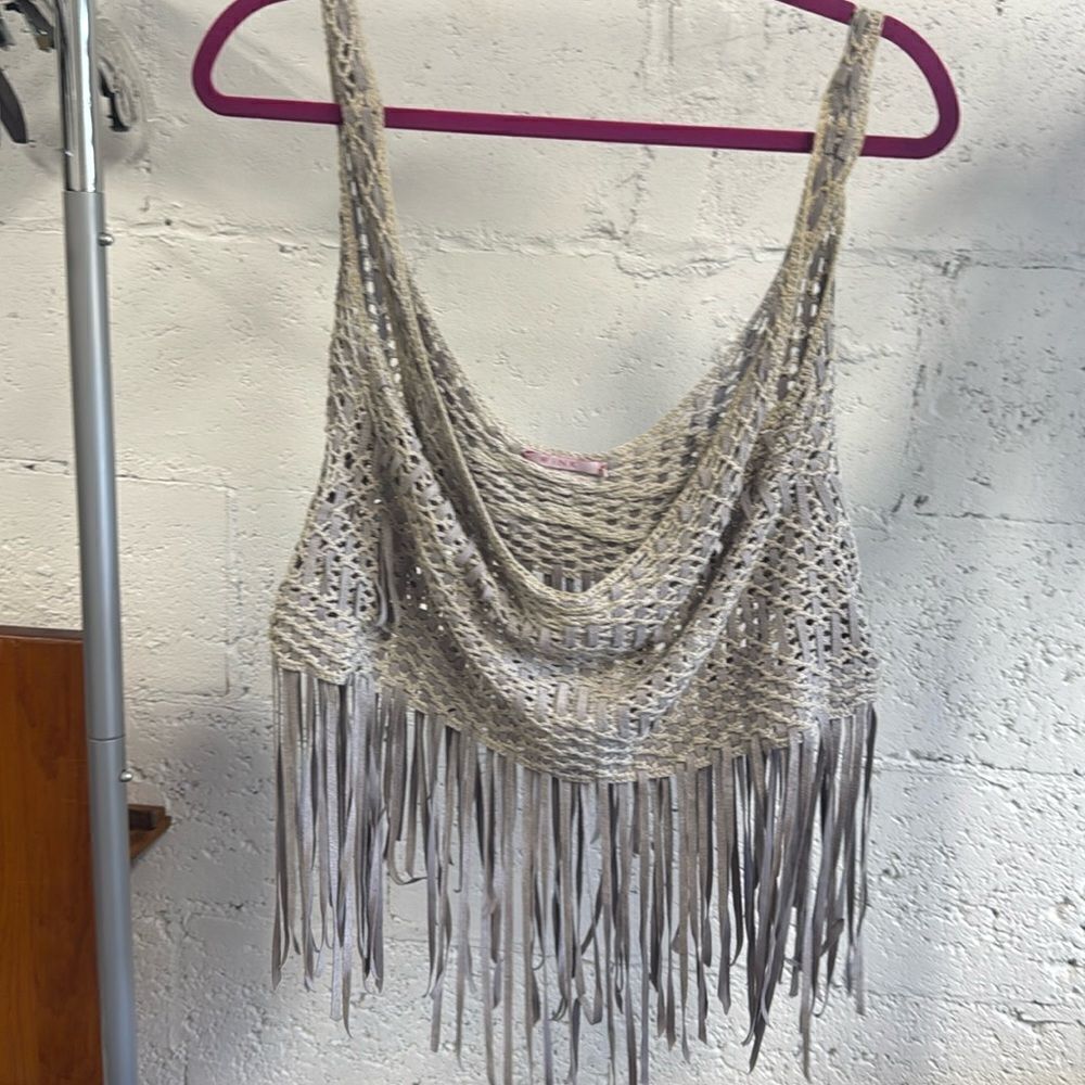 Wink Crop Top - Woven Gray Fringe Top - Size Small - Like New